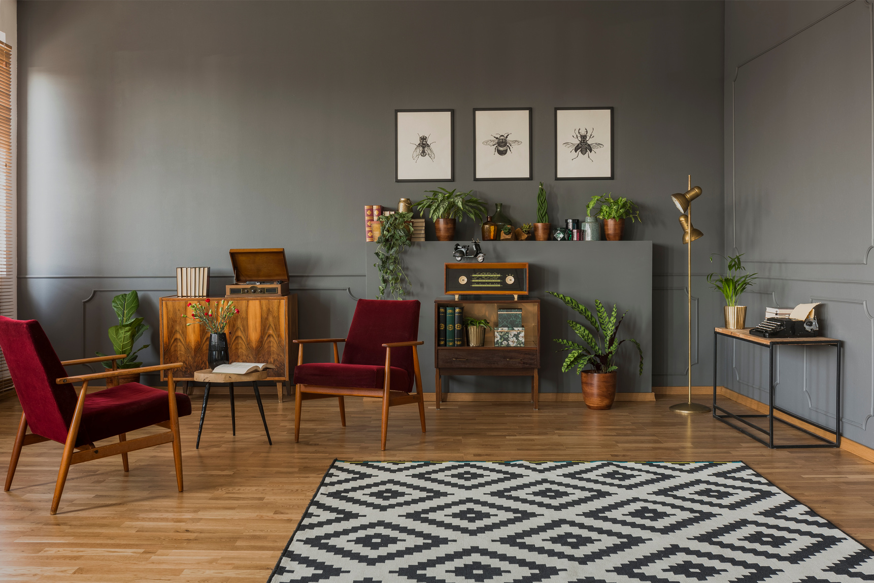 Patterned carpet in grey living room interior with dark red wooden armchairs and posters. Real photo